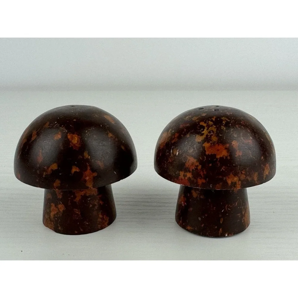 Vintage Bakelite Mushroom Salt &‎ Pepper Shakers Tortoise Shell Tested MCM Set